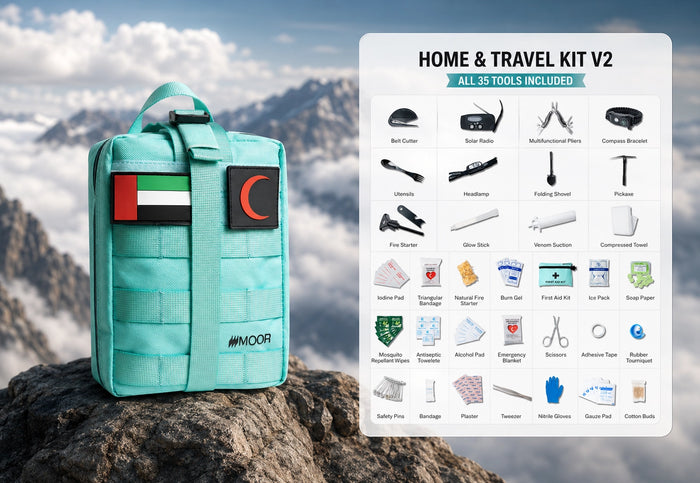 Home & Travel Kit V2 laid out with all 35 tools included, from belt cutter and solar radio to bandages and gauze pads