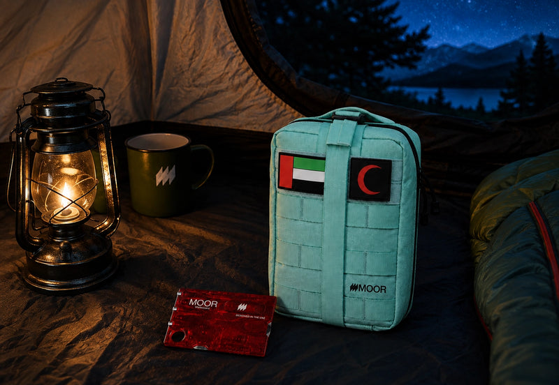 The Moor kit and wallet card inside a lit tent at night on a camping trip