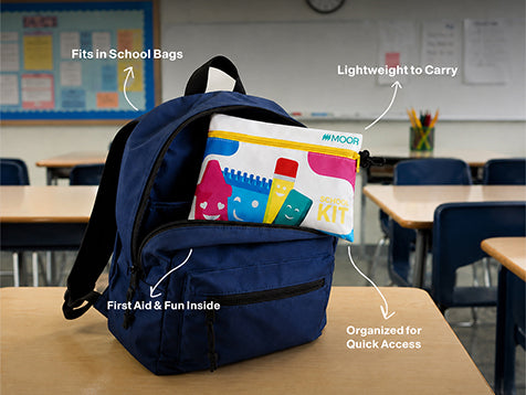 Moor School Kit inside a backpack, with callouts showing it fits in school bags, is lightweight to carry, includes first aid and fun, and is organized for quick access